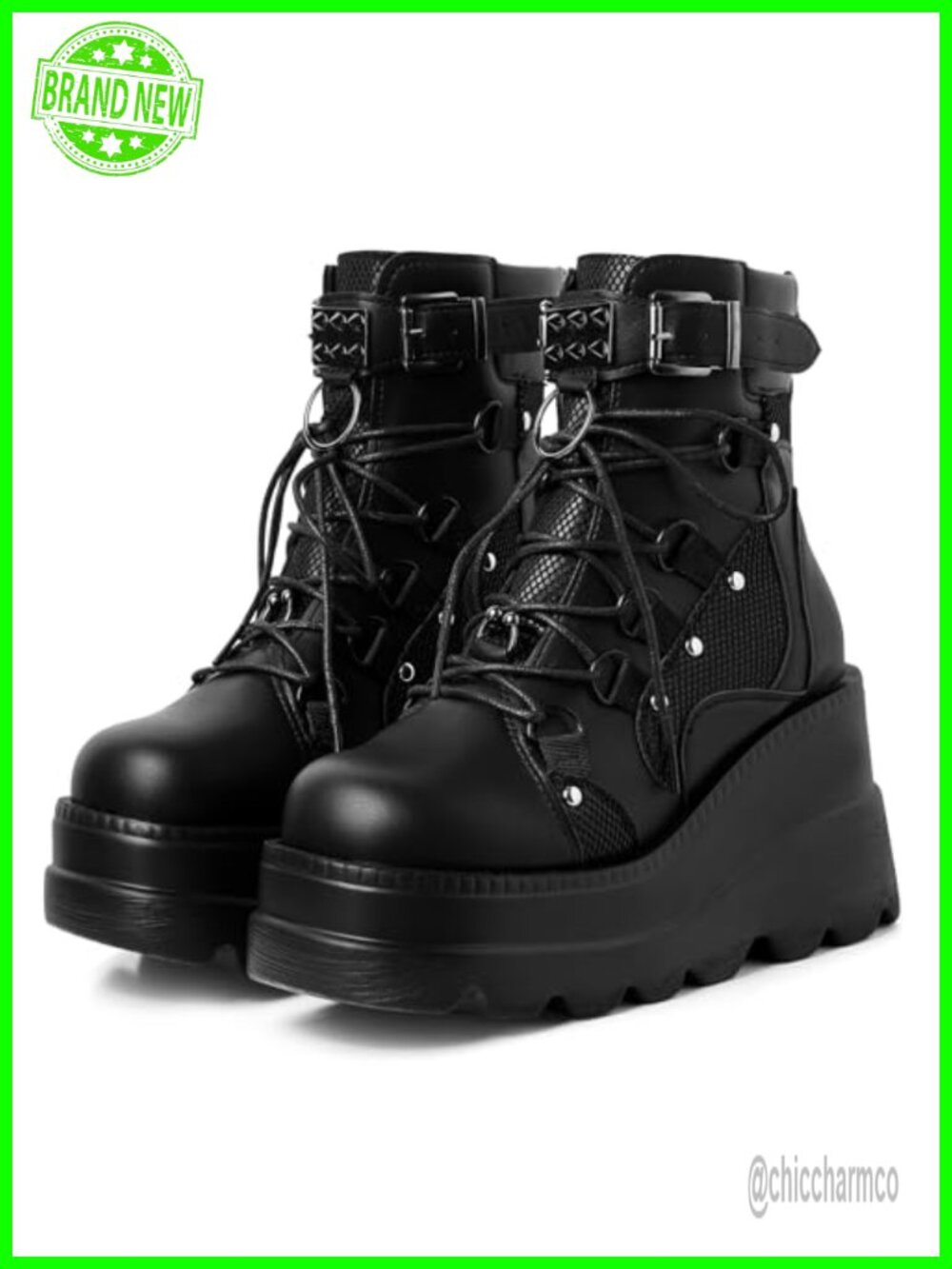 mikarka Holographic Platform Boots Women Lace Up Studded Buckle Goth Stacked